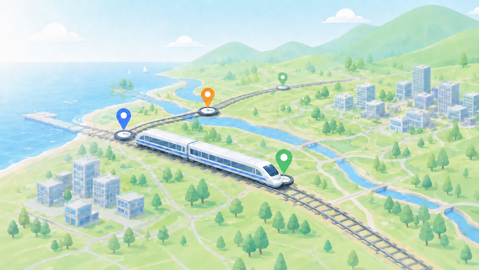 Railway Builder の地図編集と路線作成画面のイメージ